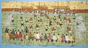 Afrikansk batikk som illustrerer en fotballkamp med folkemengder som ser på tribunen (tekstil) av English School