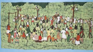 Afrikansk batikk, illustrasjon og fotballkamp med tilskuere som ser på (tekstil)