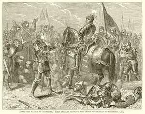 Etter slaget ved Bosworth. Lord Stanley brakte Richards krone til Richmond, 1483