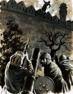 Akbar, kongen av Hindustan, ba om en muskett og siktet og drepte Jaimal, sjefen for fortet (gouache på papir) av English School
