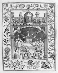 Alkymisk laboratorium som viser ulike former for ovn og kar, hentet fra Theatrum Chemicum Britannicum av Elias Ashmole, 1652 av English School