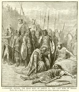 Alexander før den døde kroppen til Darius III, den siste kongen av Persia av English School
