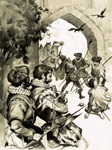 Alle Captain Bloods forseggjorte planer om å stjele Englands krone ble til ingenting (gouache på papiret) av English School