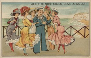 Alle de hyggelige jentene elsker en sjømann (farge litho) av English School