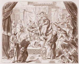 Allegorisk bilde av Henry VIII som tråkker på pave Clement, fra et gammelt trykk i British Museum av English School
