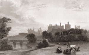 Alnwick Castle, Alnwick, Northumberland, England, på begynnelsen av 1800-tallet. Brukt som lokasjon i Harry Potter-filmer. Fra Churtons Portrait and Lanscape Gallery, utgitt 1836. av English School