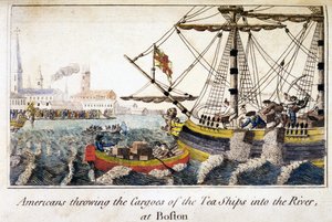 Amerikanere kaster lasten fra teskipene i elven, ved Boston, fra History of the North Americas, pub. London av English School