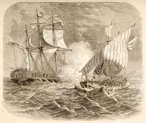 Et amerikansk marineskip fanger et algerisk sjørøverskip utenfor Barbary-kysten under den første Barbary-krigen (litho) av English School