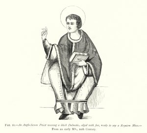 En angelsaksisk prest iført en svart Dalmatic, kantet med pels, klar til å si en Requiem-messe (gravering) av English School