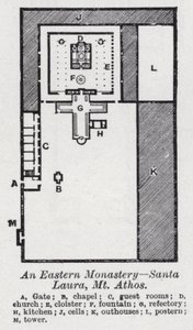 Et østlig kloster, Santa Laura, Mt Athos (litho) av English School