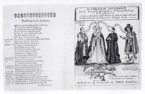 Et emblem av antikrist i hans trefoldige hierarkier av pavedømmet, prelatatet og presbyteriet, 1649 av English School