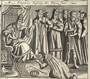 En keiser som kysser pavenes føtter, illustrasjon fra Acts and Monuments av John Foxe, niende utgave, pub. 1684 av English School