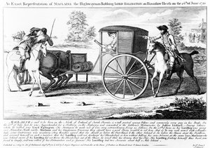 En eksakt representasjon av Maclaine the Highwayman som røver Lord Eglington på Hounslow Heath den 26. juni 1750, trykk laget av Charles Mosley, 1750 av English School