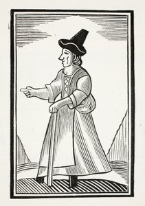 En gammel kvinne som skjeller ut i en høy kronet hatt, illustrasjon fra Chapter-books of the Eighteenth Century av John Ashton, pub. 1882 av English School