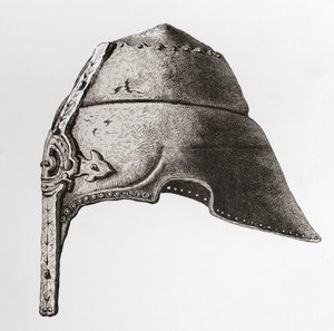 En tidlig nesehjelm fra det tolvte århundre, fra The British Army: Its Origins, Progress and Equipment, utgitt 1868. av English School