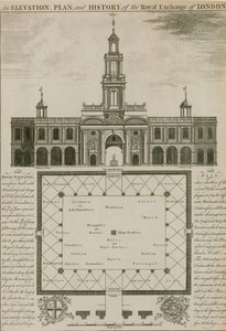 En høyde, plan og historie til Royal Exchange, London av English School