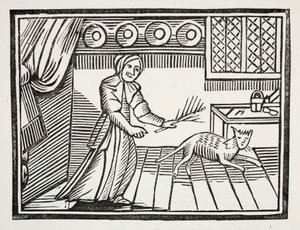 En gammel kvinne som pisker katten sin for å fange mus på en søndag, illustrasjon fra Chap-books of the Eighteenth Century av John Ashton, pub. 1882 av English School