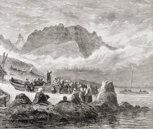 En friluftstjeneste på Isle of Skye, Indre Hebridene, fra 'Scottish Pictures Drawn with Pen and Pencil', av Samuel G. Green, utgitt i 1886 av English School
