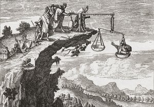 En uvanlig metode for å presse tilståelser fra kriminelle, etter en tegning fra 1500-tallet av Theodorus de Bry. Scenen viser forbryteren som sitter i urettferdighetens vekt mens en prest lener seg over stupet klar til å motta tilståelsen hans. Presumabl av English School