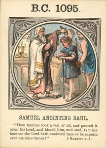Anno Mundi: 1095 f.Kr., Samuel salver Saul (fargelitografi) av English School