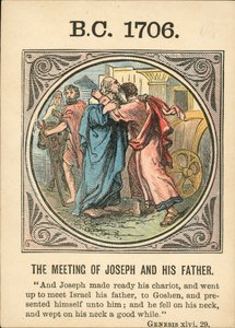 Anno Mundi: 1706 f.Kr., Møtet mellom Josef og hans far (fargelitografi) av English School