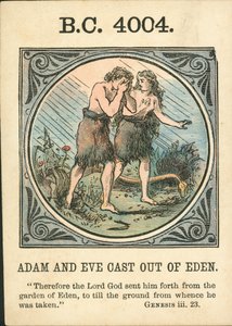 Anno Mundi: 4004 f.Kr., Adam og Eva kastet ut av Edens hage (fargelitografi) av English School