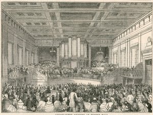 Anti-slaverimøte i Exeter Hall, Strand, London (gravering) av English School