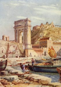 Trajans bue og havnen i Ancona, Italia (farge litho) av English School