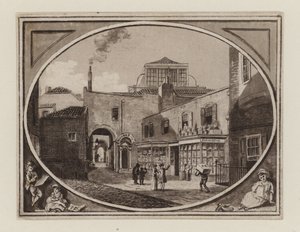 Archibald Roberton, trykt selger, fra Savill Row Passage, tilstøtende Squibs Auction Room, ca. 1790 av English School