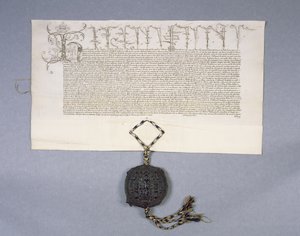 Arkiv 11980: Charteropptaksbevilgning av kong Henry VI til New College Oxford av eiendommene til Newton Longville, 1441 (blekk på pergament) av English School