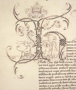 Arkiv 11980: Dekorert initial H fra kongelig charteropptaksstipend av kong Henry VI til New College Oxford av eiendommene til Newton Longville av English School