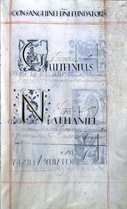 Arkiv 3693 f.46 Side som viser tre velgjørere fra New College, Oxford: Gulielmus, Nathaniel, fra en velgjørelsesbok av English School