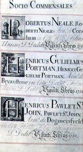 Arkiv 3693 f.95 Side som viser tre velgjørere fra New College, Oxford; Robertus Neale, Henricus Gulislmus Portman og Henricus Pawlet St. John av English School