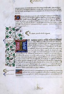 Arkiv 9432 f.15v Side med tekst med opplyst initial, fra Foundations Book of Robert Sherborne eller Shirburn (ca. 1450-1536) Biskop av Chichester (vellum) av English School