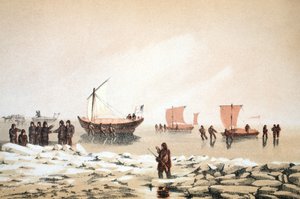 Arctic Travelling, illustrasjon fra Voyage to Baffins Bay og Barrow Straits..., 1852 (håndfarget gravering)