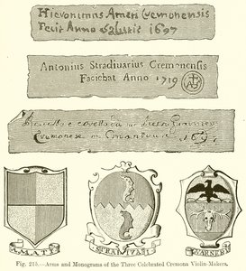 Armene og monogrammene til de tre berømte Cremona-fiolinprodusentene av English School