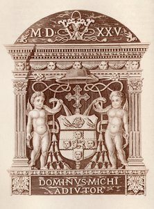 Arms of Cardinal Wolsey i terrakotta ved Hampton Court Palace, fra History of Hampton Court Palace i Tudor Times av Ernest Law, publisert London 1885 av English School