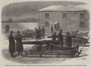 Armstrong våpen pakket på sleder i Ordnance-Yard, St John, New Brunswick, i beredskap for å bli tatt over land til Canada (gravering) av English School