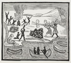 Arrival of Savages with Christian Prisoner, illustrasjon fra Chap-books of the Eighteenth Century av John Ashton, pub. 1882 av English School