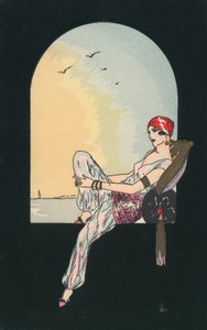 Art Deco-bilde av en kvinne tilbakelent i et vindussete av English School