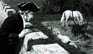 Artisten George Stubbs så på mens en løve stjal mot en Barbary-hest (gouache på papir) av English School