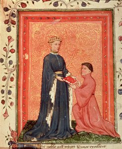 Arundel 38 f.37 Thomas Hoccleve presenting his book `Regement of Princes