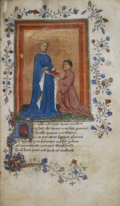 Arundel 38, f.37 Thomas Hoccleve presenterer en bok til prins Henry av Lancaster, illustrasjon fra 