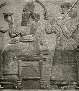Ashur-nasir-pal II, fra et basrelieff i British Museum, fra The Worlds Inhabitants av G.T. Bettany, utgitt 1888 av English School
