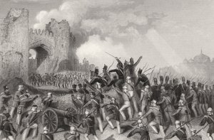 Assault of Delhi og Capture of the Cashmere Gate 14. september 1857, fra "The History of the Indian Myttery" publisert i 1858 av English School