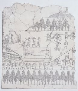 Assyrere flytter en bevinget okse på en slede, fra Nineveh and its Remains av Austen Henry Layard (1817-94) publisert 1849 av English School