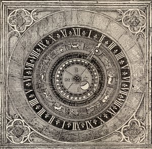 Astronomisk klokke i Hampton Court Palace, fra History of Hampton Court Palace i Tudor Times av Ernest Law, utgitt London 1885 av English School