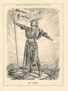 At Last, illustrasjon av kvinnelig kriger som feirer Woman's Franchise, Punch, 23. januar av English School