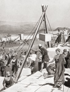 Athenerne gjenoppbygger byen sin under ledelse av Themistokles etter den persiske invasjonen av Hellas, ca. 479 f.Kr., fra Hutchinson