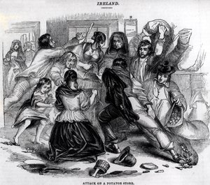 Angrep på en potetbutikk i Irland, ca. 1845 av English School